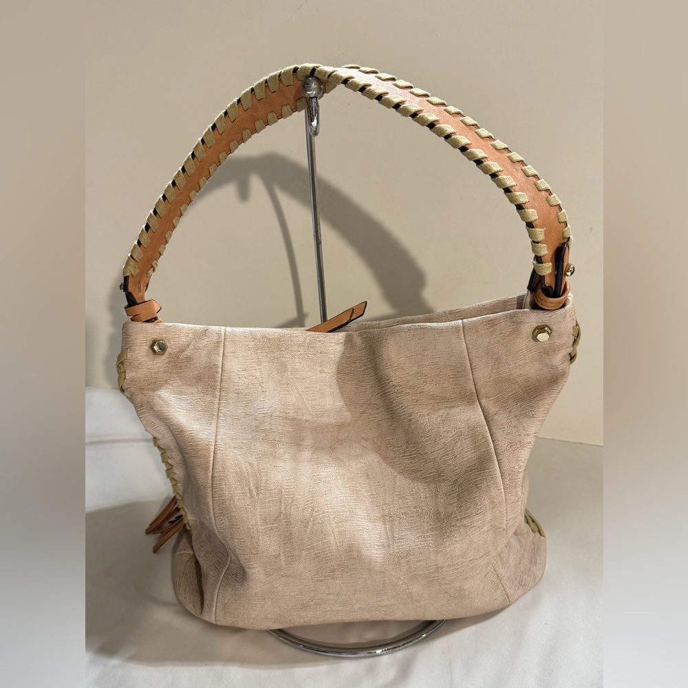 SONDRA ROBERTS Beige with braided camel brown tassel accent Shoulder Bag